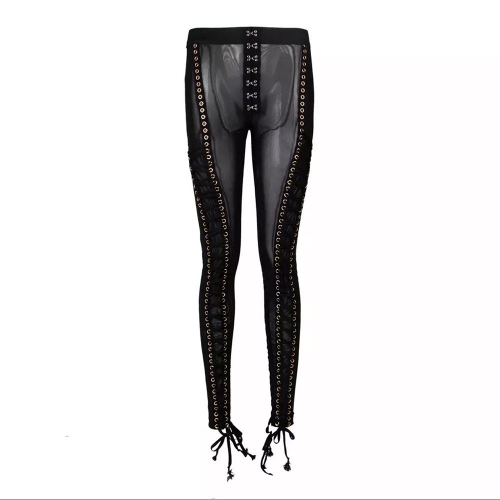 Sexy mesh perspective pencil pants high waist Bodycon lace-up trousers